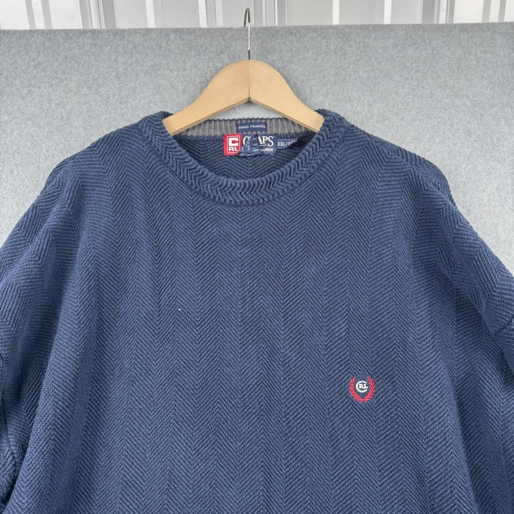 Chaps Ralph Lauren Sweater Mens XXL Navy Blue Chevron Knit Cotton Crew Preppy - Picture 5 of 8